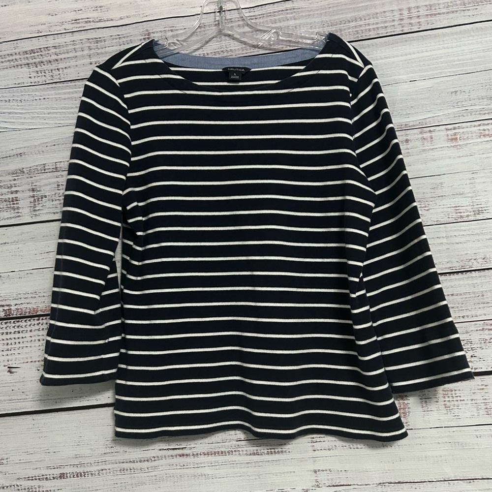 Nautica Navy Stripe Boatneck Top Women’s Large Convertible Sleeve Midweight Knit